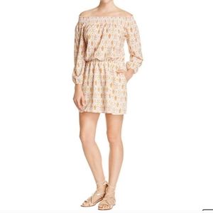 Sanctuary Elle Women's Orange Beige Boho Off the Shoulder Mini Dress Pockets S